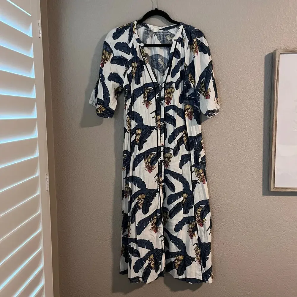 H&M Desmond & Dempsey Collaboration Kaftan Dress Viscose Linen Tropical XS Midi